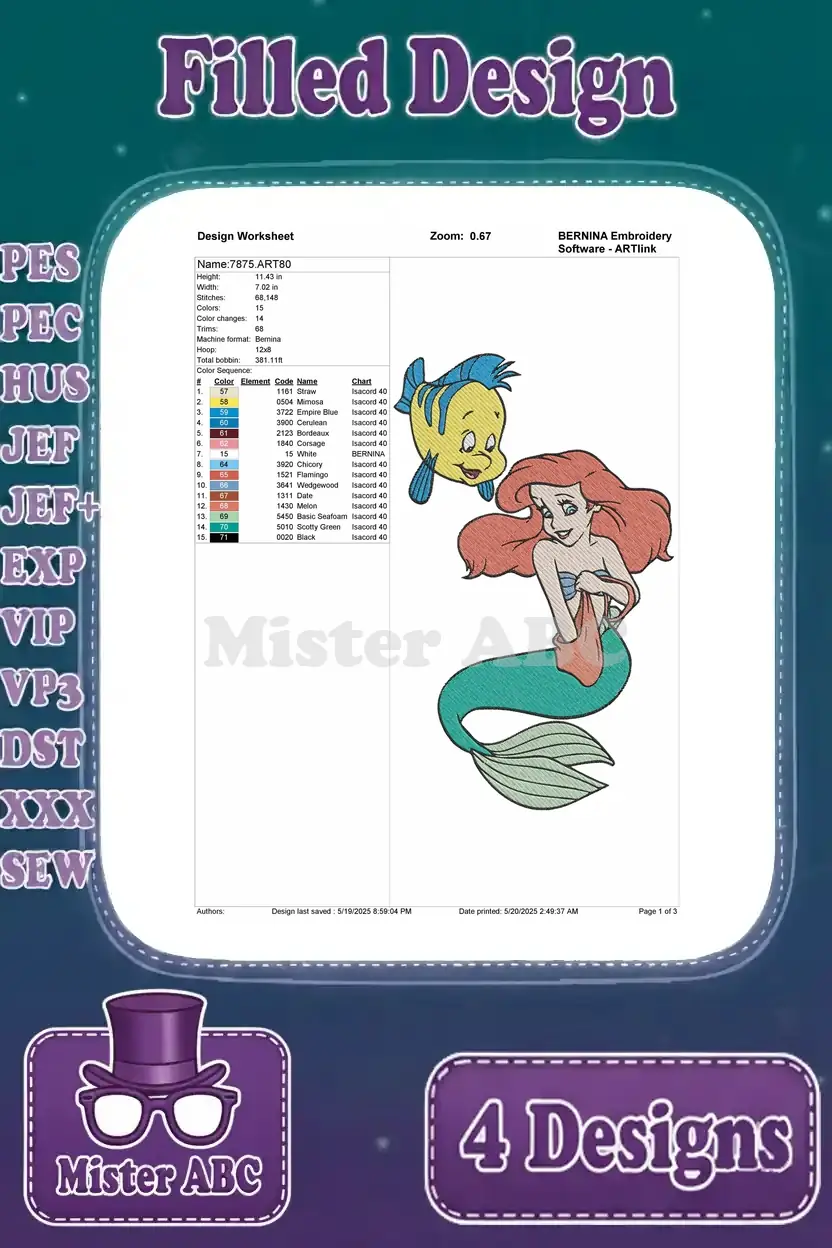 A detailed design worksheet for a third Ariel and Flounder embroidery, showing stitch count and colors.