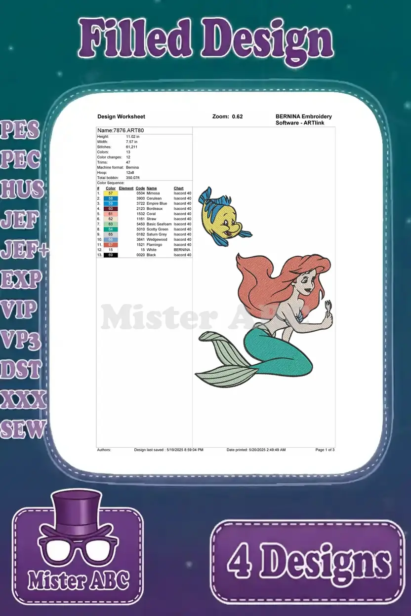 A detailed design worksheet for a fourth Ariel and Flounder embroidery, showing stitch count and colors.
