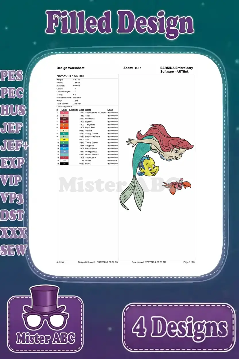 Detailed design worksheet for the first Ariel embroidery, showing stitch count, color changes, and thread sequence.