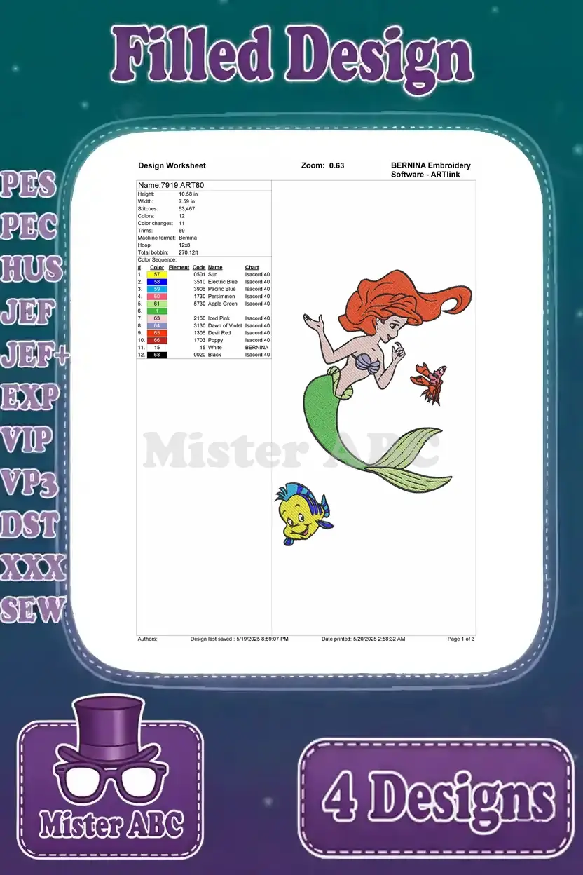 Detailed design worksheet for the third Ariel embroidery, including stitch count, colors, and thread sequence.