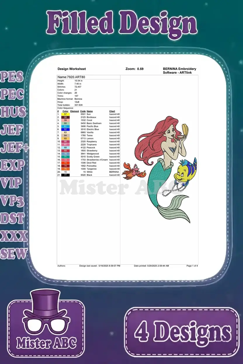 Detailed design worksheet for the fourth Ariel embroidery, showing stitch count, colors, and thread sequence.