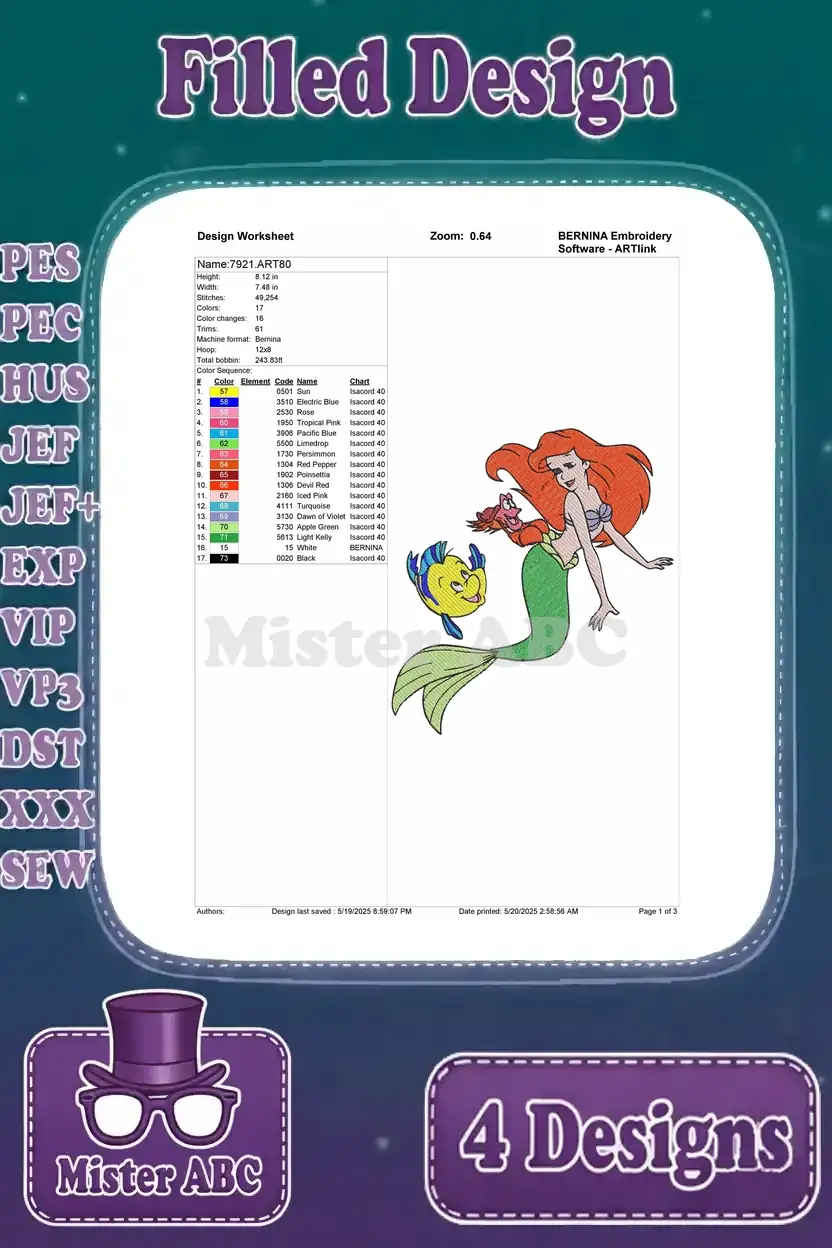 Detailed embroidery worksheet for the first Ariel and Flounder design, displaying stitch count, colors, and thread info.