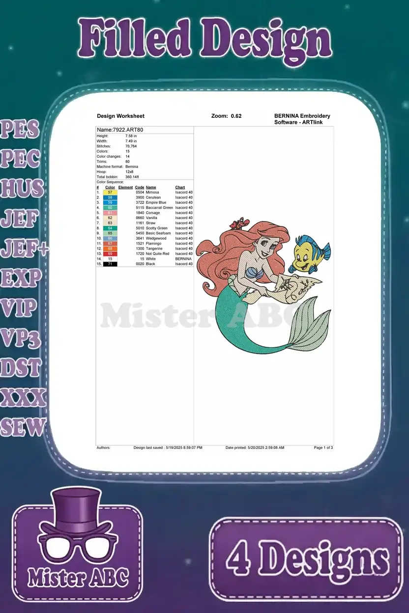 Detailed embroidery worksheet for the second Ariel and Flounder design, featuring Ariel reading a map.