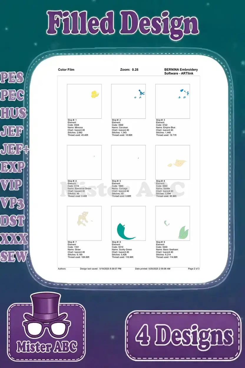 Color film breakdown for the Ariel reading map design, illustrating the initial embroidery stitch sequence.