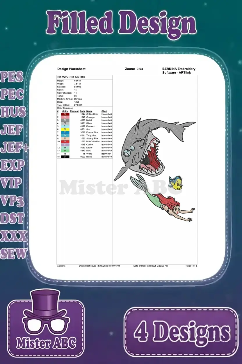 Detailed embroidery worksheet for the third Ariel, Flounder, and shark design, showing stitch count and colors.