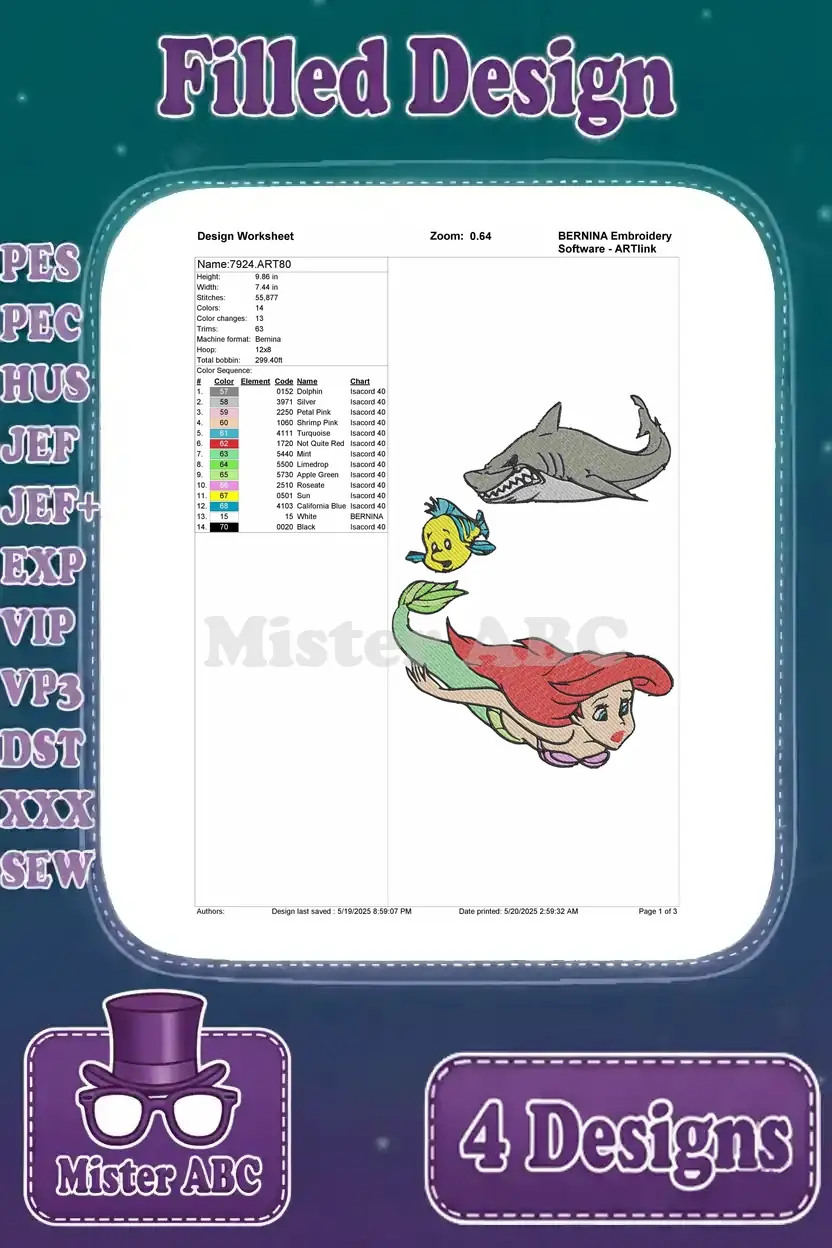 Detailed embroidery worksheet for the fourth Ariel, Flounder, and shark design, showing stitch count and colors.