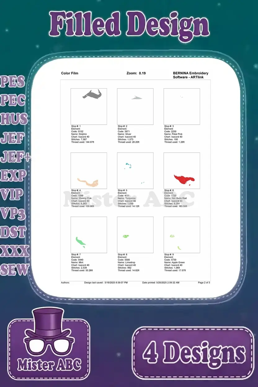 Color film breakdown for the Ariel and shark encounter design, showing initial stitch sequence and thread application.