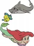 The Little Mermaid - Ariel And Flounder Escape Shark And Eels - Undersea Peril And Adventure - Disney Pack - Filled Embroidery Design - 7924