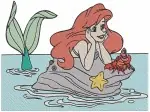 The Little Mermaid - Human Ariel In Pink Dress - Sebastian And Flounder - Dining And On Rock Poses - Filled Embroidery Design - 7935