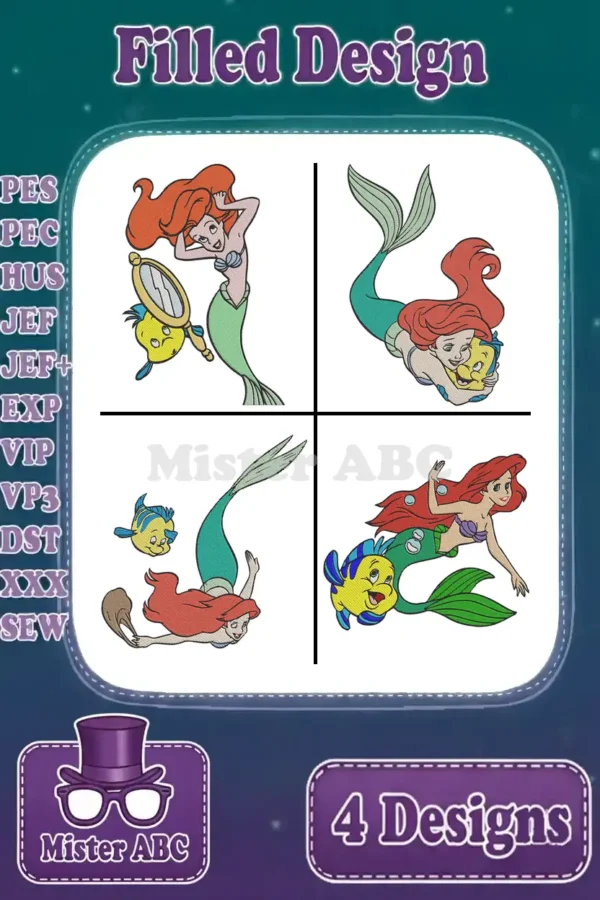 A vibrant collage displaying four distinct Ariel and Flounder filled embroidery designs, ready for various projects.