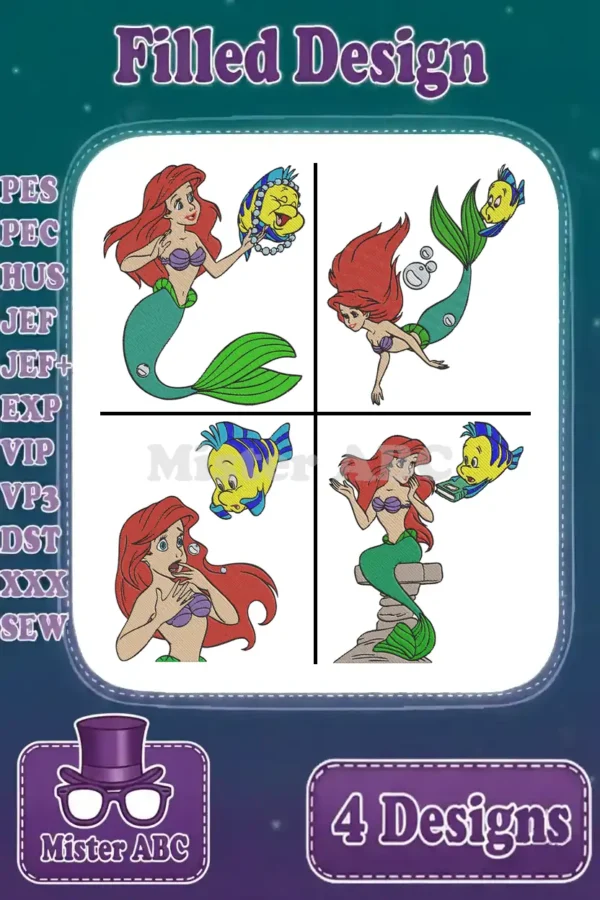 A collage of four unique Ariel and Flounder filled embroidery designs, showcasing different poses and vibrant colors.