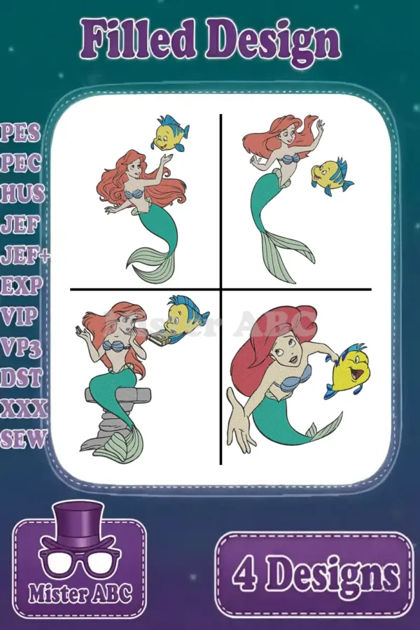 A collage showing four distinct filled embroidery designs of Ariel and Flounder, with supported file formats listed.
