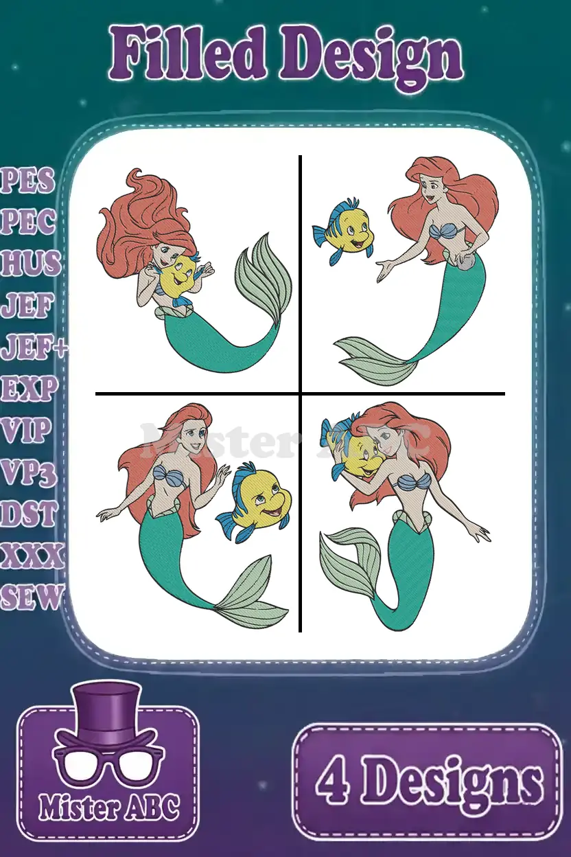 A collage of four unique filled embroidery designs featuring Ariel and Flounder, ready for machine stitching.