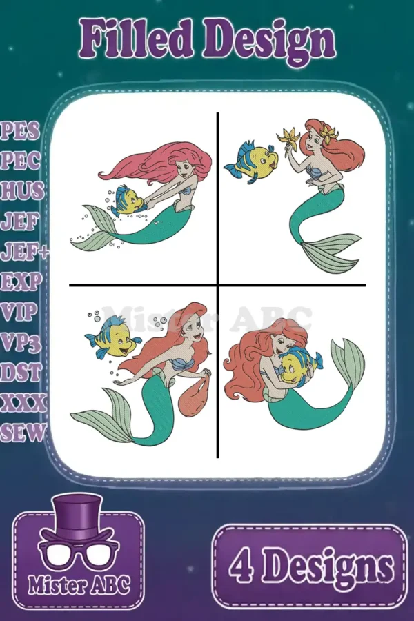 A vibrant display of four filled embroidery designs featuring Ariel the Little Mermaid and her fish friend, Flounder, in various playful poses.