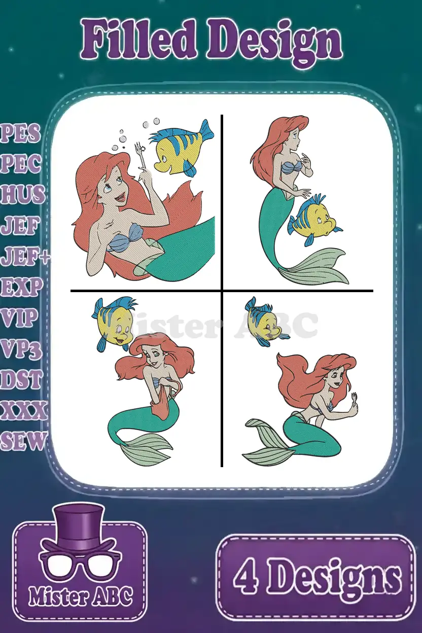 A collage showing four distinct filled embroidery designs of Ariel and Flounder, offering multiple poses and styles.