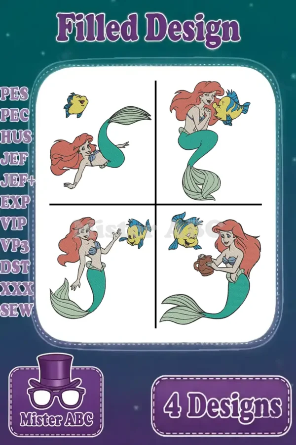 Four vibrant embroidery designs featuring Ariel the Little Mermaid and her friend Flounder in various playful poses, showcasing a filled stitch style.