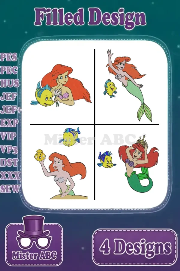 A vibrant collage of four Ariel and Flounder filled embroidery designs, showcasing diverse poses and supported machine formats.