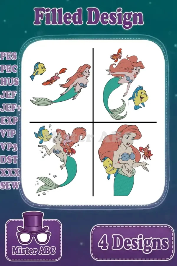 A vibrant embroidery bundle displaying four unique filled designs of Ariel, Flounder, and Sebastian from The Little Mermaid.
