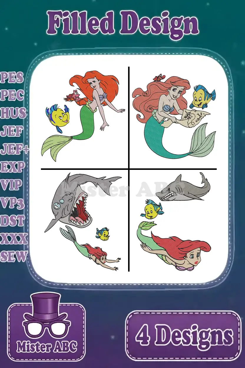 A vibrant display of four Little Mermaid filled embroidery designs featuring Ariel, Flounder, and sharks, showcasing diverse poses.