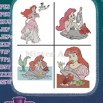 The Little Mermaid - Human Ariel In Pink Dress - Sebastian And Flounder - Dining And On Rock Poses - Filled Embroidery Design - Instant Download
