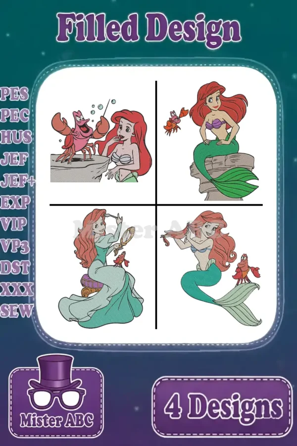 A collage of four vibrant Ariel filled embroidery designs, each featuring the beloved mermaid in different poses with friends.