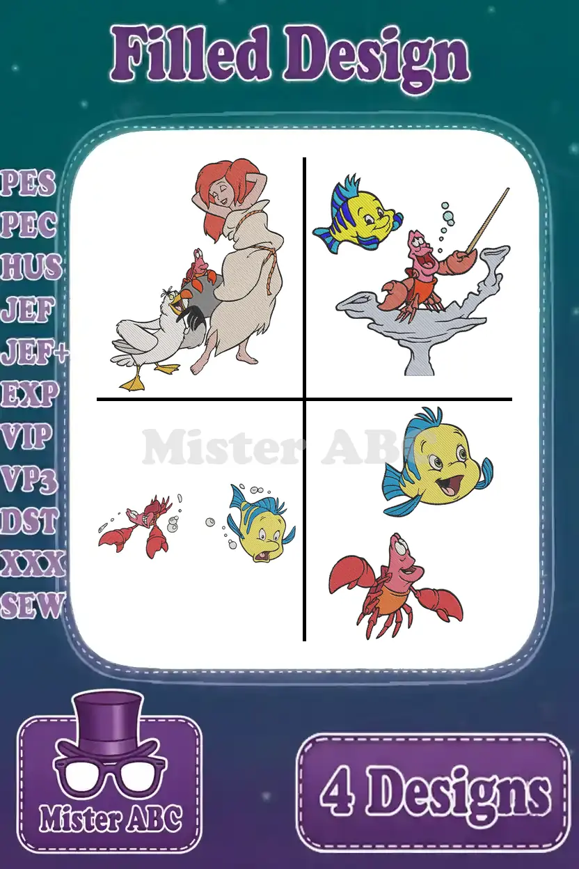 A vibrant collage of four filled embroidery designs featuring Ariel, Flounder, and Sebastian from The Little Mermaid.