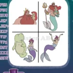 Disney Little Mermaid King Triton Ariel Baby Seal Ursula Sea Witch Characters - Filled Embroidery Design - Instant Download