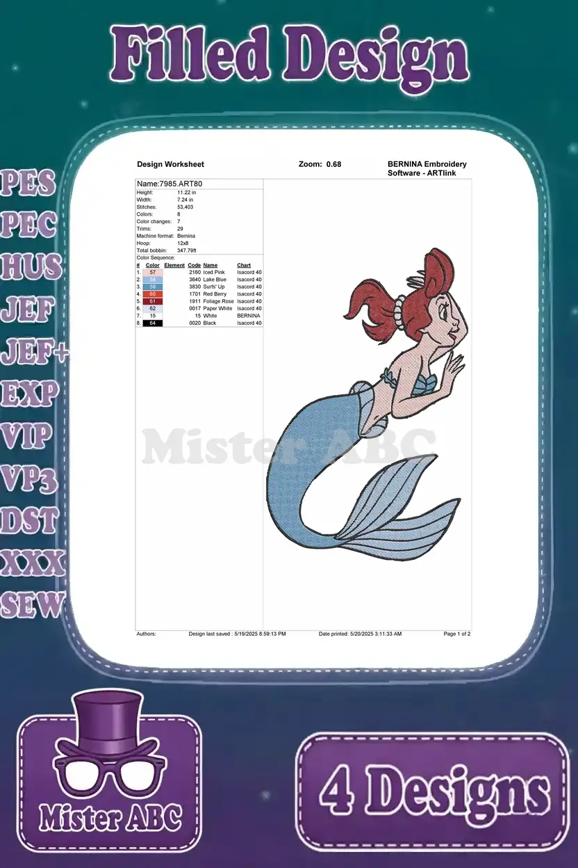 Detailed design worksheet for the first filled mermaid embroidery, showing stitch count, color sequence, and hoop size.