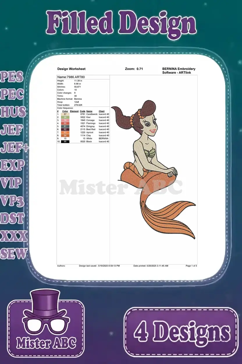 Design worksheet for the second elegant filled mermaid, detailing stitch count, color palette, and essential hoop information.