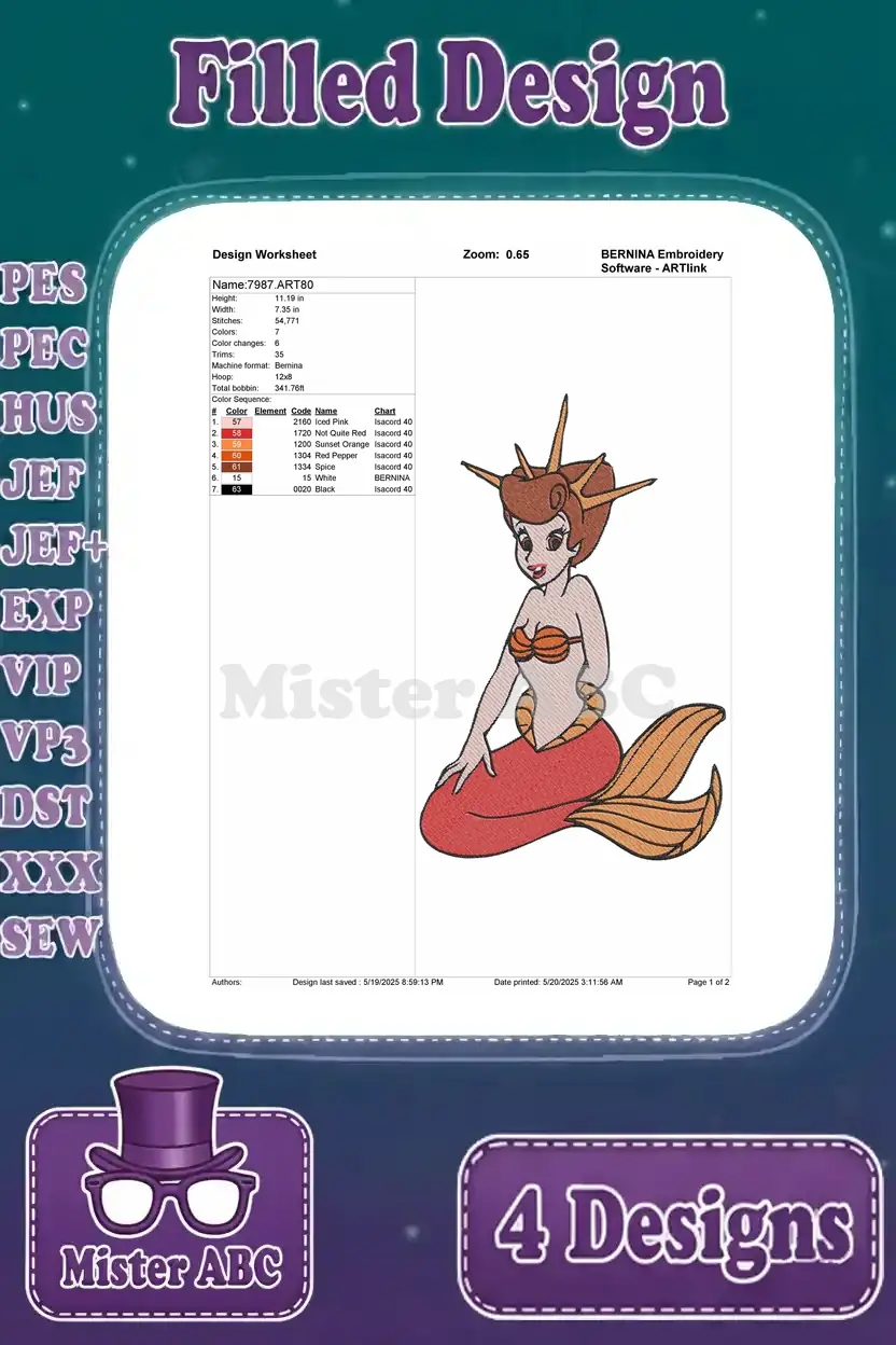 Design worksheet for the third regal filled mermaid, providing stitch count, color information, and hoop requirements.