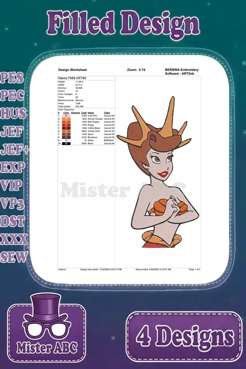 Design worksheet for the fourth enchanting filled mermaid, detailing stitch count, color palette, and hoop size.