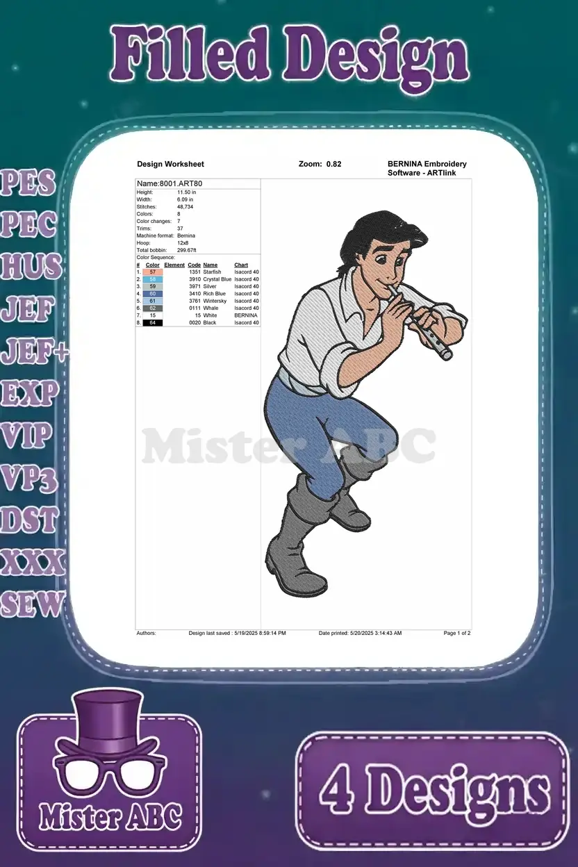 Detailed design worksheet for Prince Eric playing the flute embroidery, showing stitch count, color changes, and dimensions.