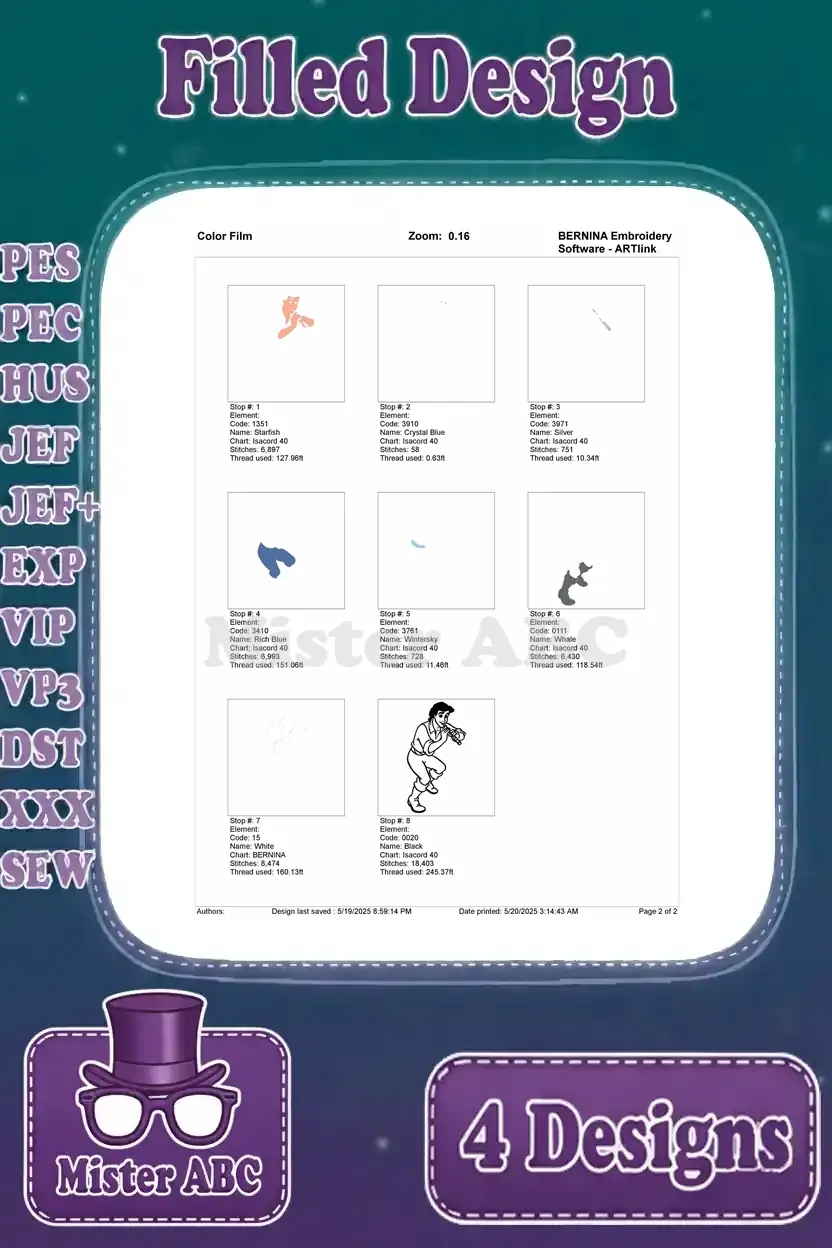 Color film breakdown for the Prince Eric playing the flute embroidery design, illustrating the stitch order by color.