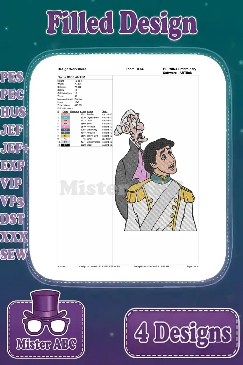 Detailed design worksheet for Prince Eric looking up with Grimsby embroidery, showing stitch count, colors, and size.