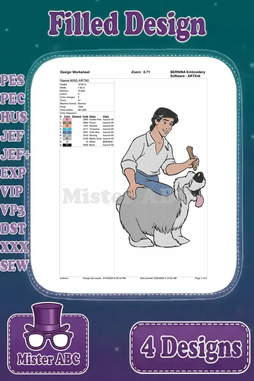 Detailed design worksheet for Prince Eric sitting on Max, showing stitch count, colors, and thread sequence.