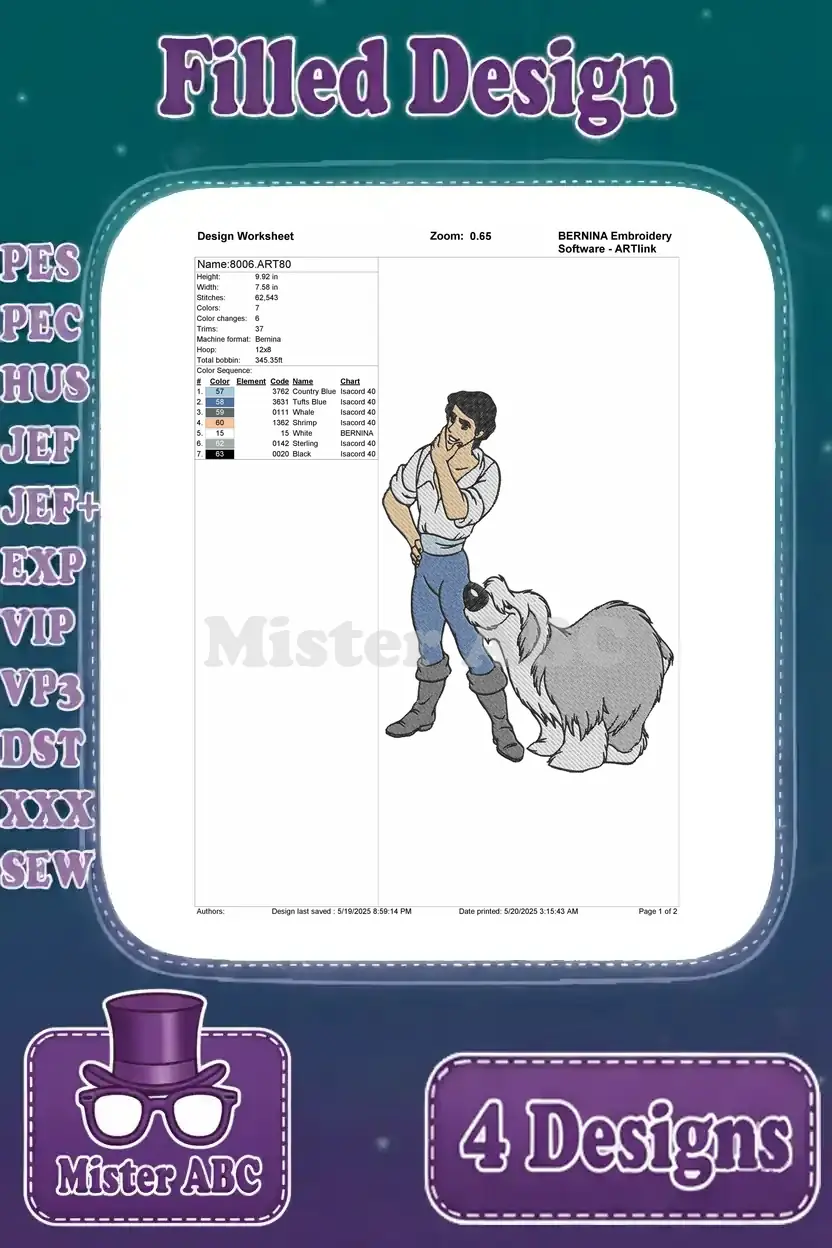 Design worksheet for Prince Eric standing with Max, detailing stitch count, color palette, and thread order.