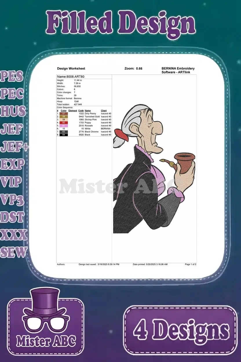 Design worksheet for Grimsby smoking a pipe, outlining stitch count, colors, and thread sequence for embroidery.