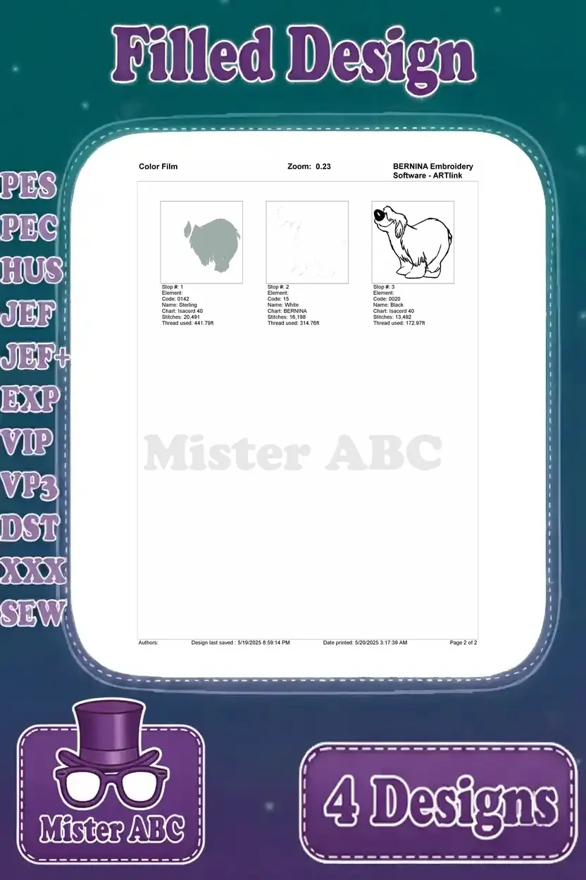 Color film analysis for the fourth Max embroidery design, showing the sequential application of colors and stitches.