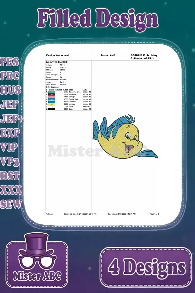 A detailed design worksheet for one of the Flounder embroidery patterns, showing stitch count, colors, and hoop size.
