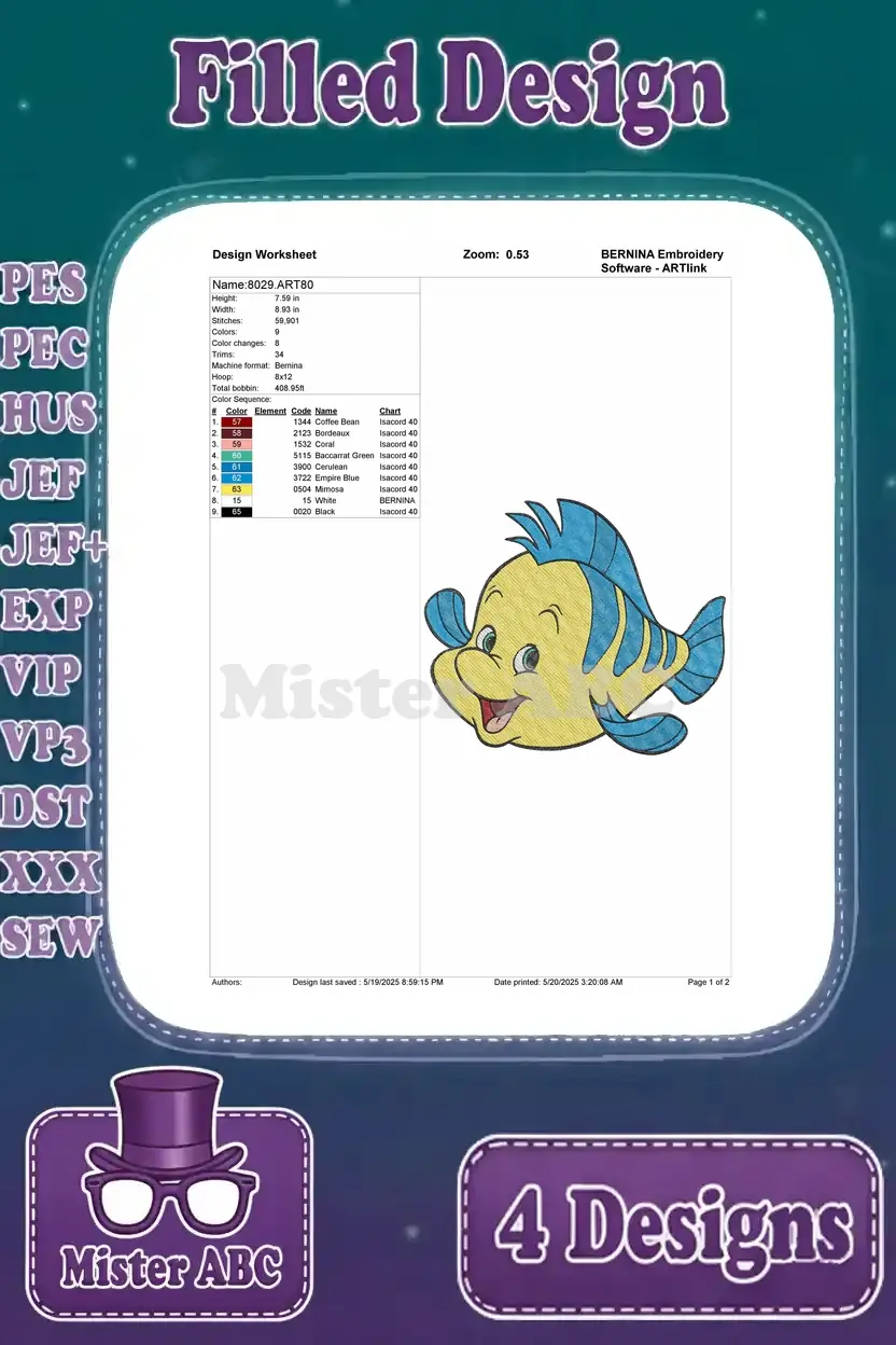 A detailed design worksheet for the second charming Flounder embroidery pattern, including stitch and color specifics.