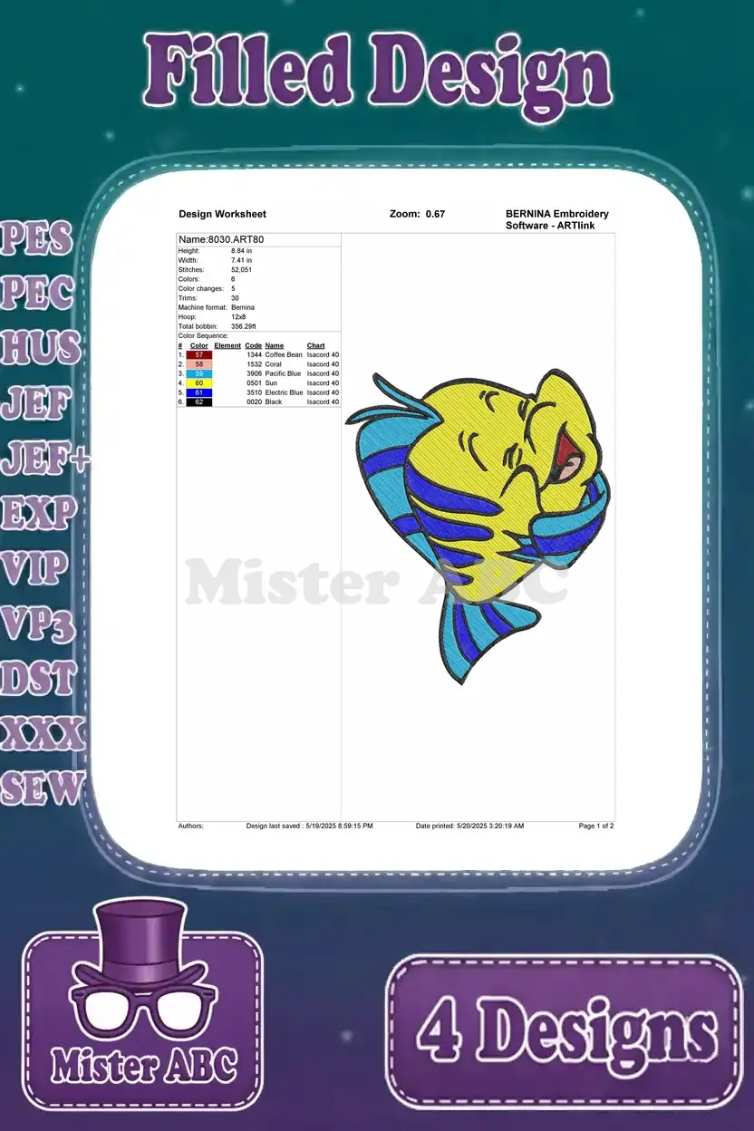 A detailed design worksheet for the third adorable Flounder embroidery pattern, with complete stitch and color info.