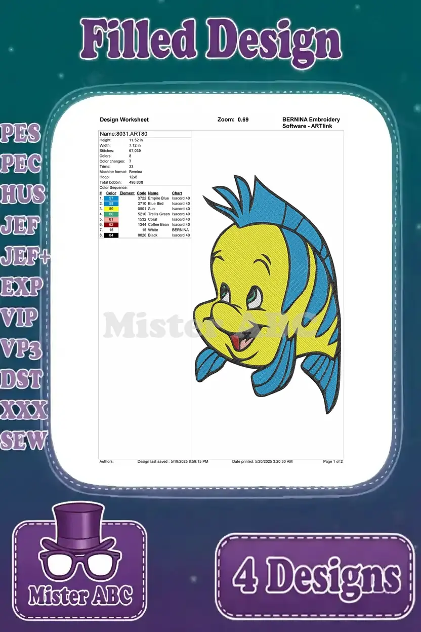 A detailed design worksheet for the fourth delightful Flounder embroidery pattern, including all essential metrics.