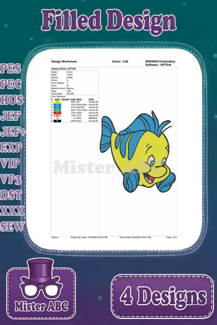 Detailed design worksheet for a filled Flounder embroidery, showing stitch count, colors, and thread chart information.