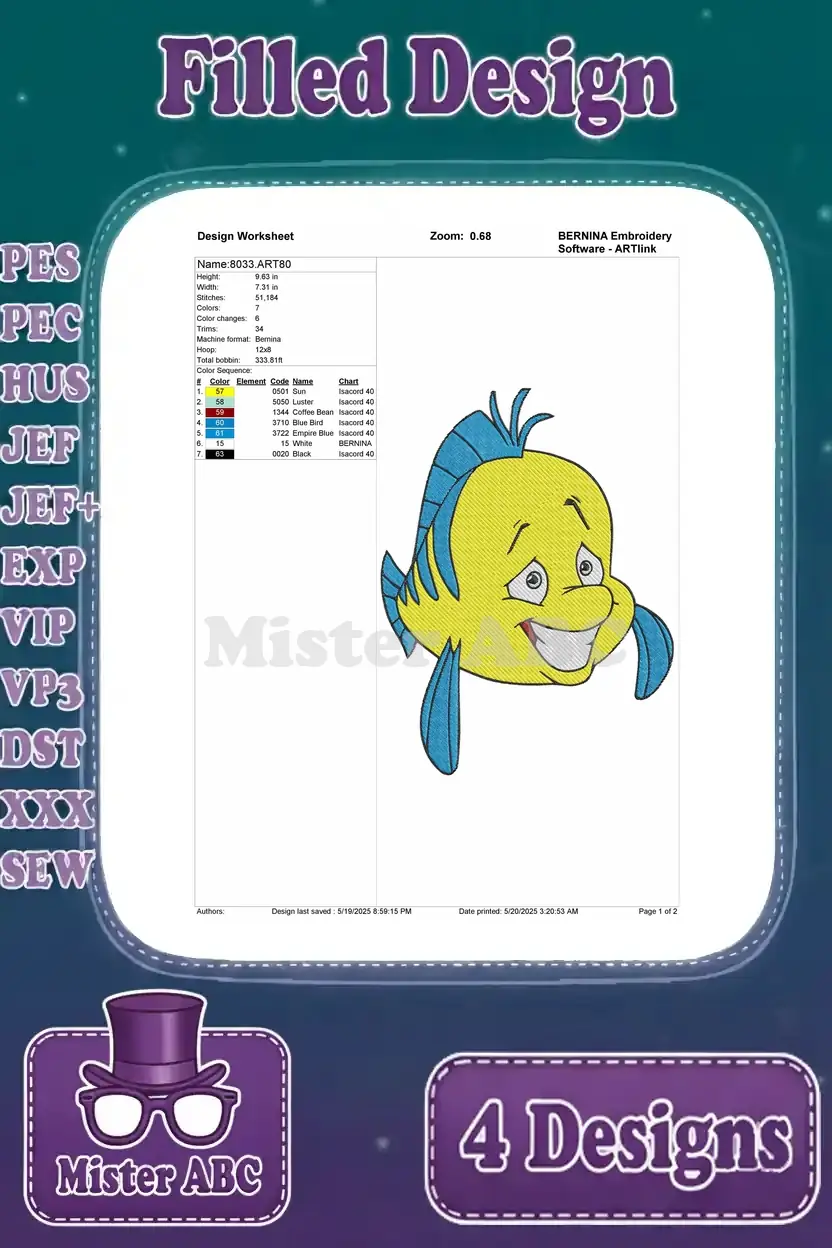 Detailed design worksheet for a smiling Flounder filled embroidery, showing stitch count, colors, and thread chart.