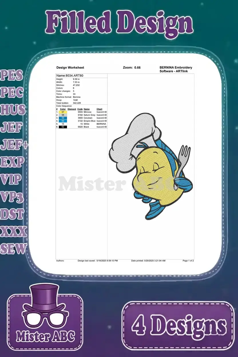 Detailed design worksheet for the 'Chef Flounder' filled embroidery, including stitch count, colors, and thread chart.