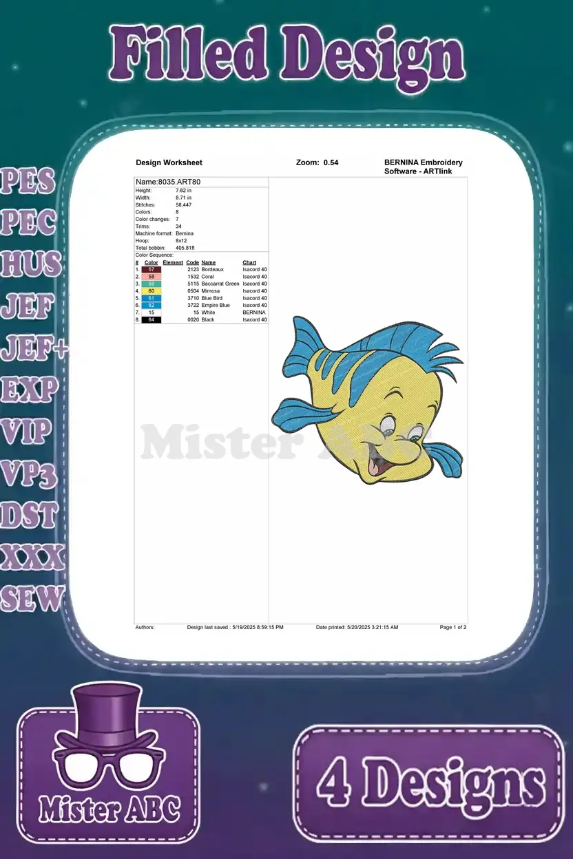 Detailed design worksheet for a playful Flounder filled embroidery, showing stitch count, colors, and thread chart.