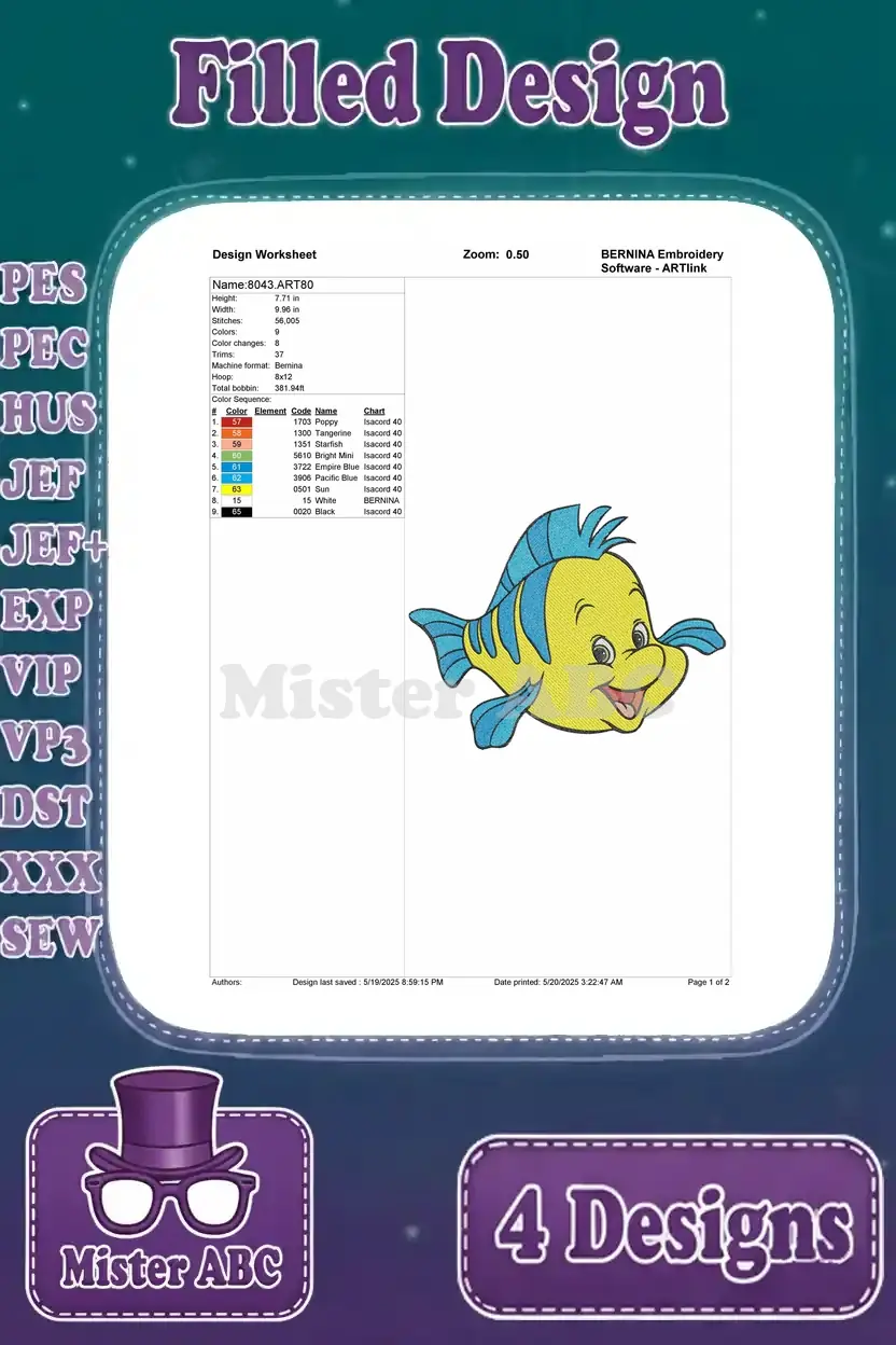 Detailed design worksheet for the fourth Flounder embroidery, showing stitch count, colors, and dimensions.