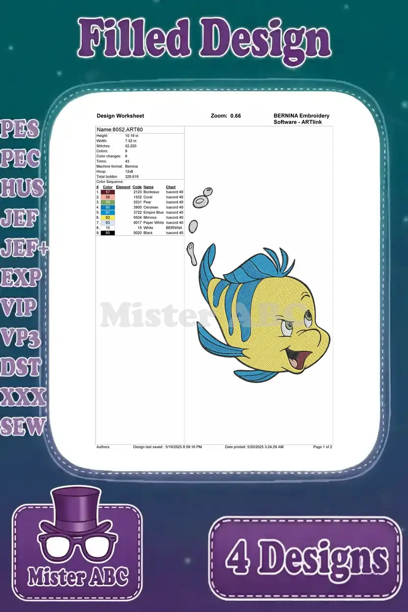 Detailed design worksheet for the first Flounder embroidery, showing stitch count, color sequence, and hoop size.