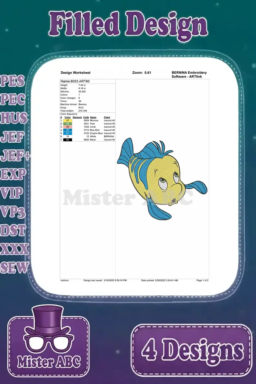 Design worksheet for the second Flounder embroidery, detailing stitch count, color sequence, and dimensions.