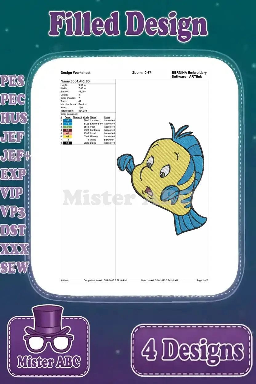 Detailed design worksheet for the third Flounder embroidery, specifying stitch count, color sequence, and hoop size.